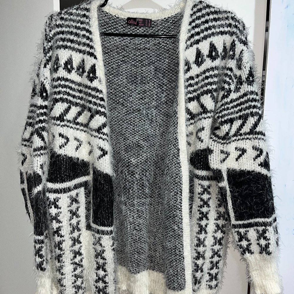 Fuzzy Black & White Aztec Tribal Boho Cardigan Sweater